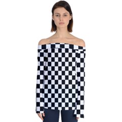 Black And White Chessboard Pattern, Classic, Tiled, Chess Like Theme Off Shoulder Long Sleeve Top by Casemiro