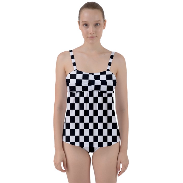 Black and white chessboard pattern, classic, tiled, chess like theme Twist Front Tankini Set