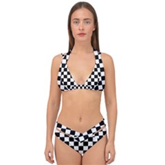 Black And White Chessboard Pattern, Classic, Tiled, Chess Like Theme Double Strap Halter Bikini Set by Casemiro