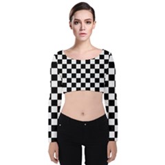 Black And White Chessboard Pattern, Classic, Tiled, Chess Like Theme Velvet Long Sleeve Crop Top by Casemiro