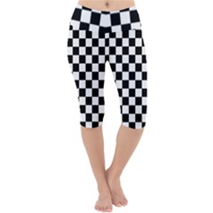 Black And White Chessboard Pattern, Classic, Tiled, Chess Like Theme Lightweight Velour Cropped Yoga Leggings by Casemiro