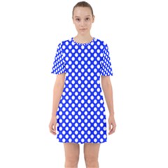 Dark Blue And White Polka Dots Pattern, Retro Pin-up Style Theme, Classic Dotted Theme Sixties Short Sleeve Mini Dress by Casemiro