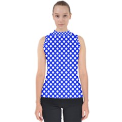 Dark Blue And White Polka Dots Pattern, Retro Pin-up Style Theme, Classic Dotted Theme Mock Neck Shell Top by Casemiro