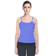 Dark Blue And White Polka Dots Pattern, Retro Pin-up Style Theme, Classic Dotted Theme Velvet Spaghetti Strap Top by Casemiro