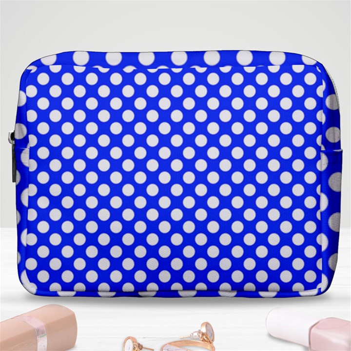 Dark blue and white polka dots pattern, retro pin-up style theme, classic dotted theme Make Up Pouch (Large)