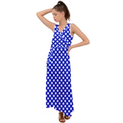 Dark Blue And White Polka Dots Pattern, Retro Pin-up Style Theme, Classic Dotted Theme V-neck Chiffon Maxi Dress by Casemiro