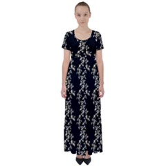 Dark Botanical Motif Pattern High Waist Short Sleeve Maxi Dress