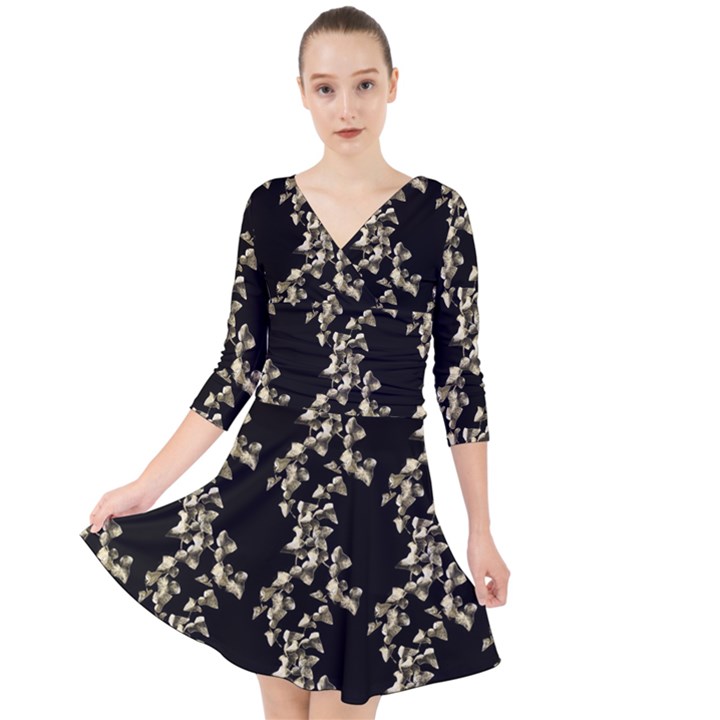 Dark Botanical Motif Pattern Quarter Sleeve Front Wrap Dress