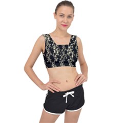 Dark Botanical Motif Pattern V-back Sports Bra by dflcprintsclothing