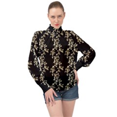 Dark Botanical Motif Pattern High Neck Long Sleeve Chiffon Top by dflcprintsclothing