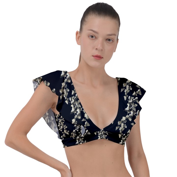 Dark Botanical Motif Pattern Plunge Frill Sleeve Bikini Top