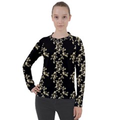 Dark Botanical Motif Pattern Women s Pique Long Sleeve Tee