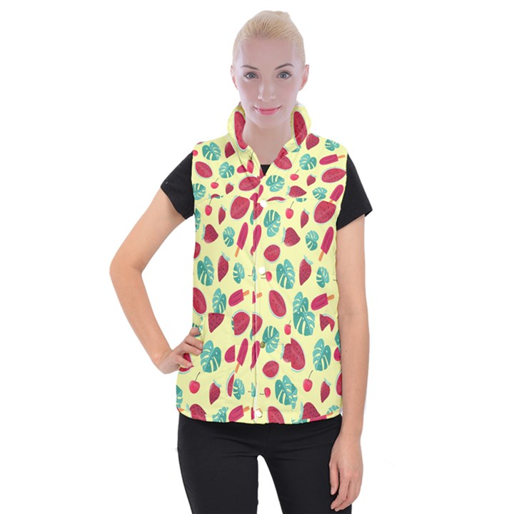 Watermelons, fruits and ice cream, pastel colors, at yellow Women s Button Up Vest