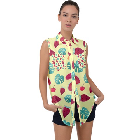 Watermelons, Fruits And Ice Cream, Pastel Colors, At Yellow Sleeveless Chiffon Button Shirt by Casemiro