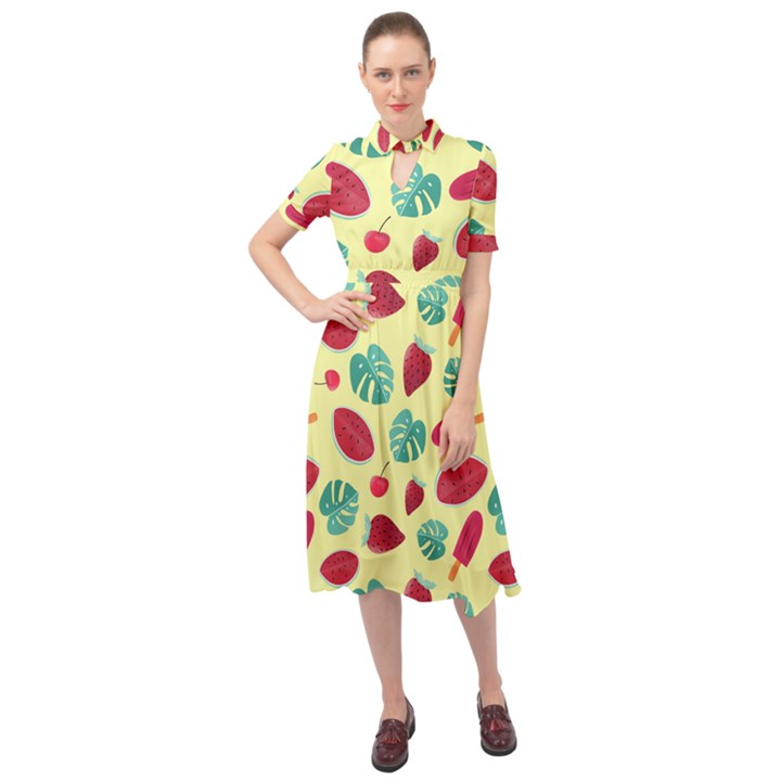 Watermelons, fruits and ice cream, pastel colors, at yellow Keyhole Neckline Chiffon Dress