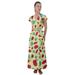 Watermelons, Fruits And Ice Cream, Pastel Colors, At Yellow Flutter Sleeve Maxi Dress by Casemiro