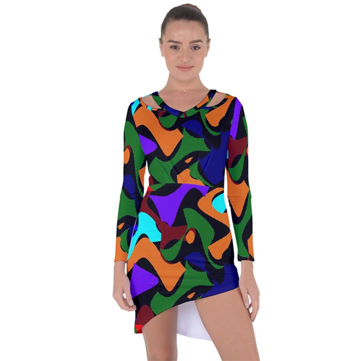 Trippy paint splash, asymmetric dotted camo in saturated colors Asymmetric Cut-Out Shift Dress