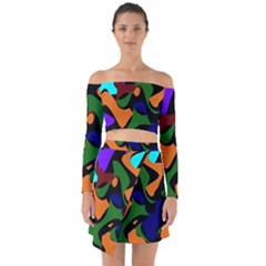 Trippy Paint Splash, Asymmetric Dotted Camo In Saturated Colors Off Shoulder Top With Skirt Set by Casemiro