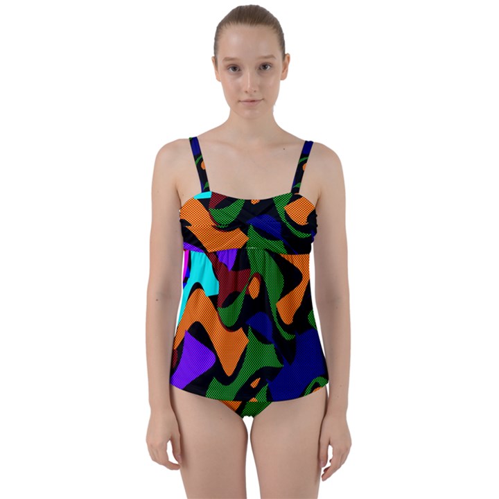 Trippy paint splash, asymmetric dotted camo in saturated colors Twist Front Tankini Set