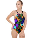 Trippy paint splash, asymmetric dotted camo in saturated colors High Neck One Piece Swimsuit View1