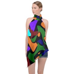 Trippy Paint Splash, Asymmetric Dotted Camo In Saturated Colors Halter Asymmetric Satin Top by Casemiro