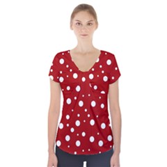 Mushroom Pattern, Red And White Dots, Circles Theme Short Sleeve Front Detail Top by Casemiro