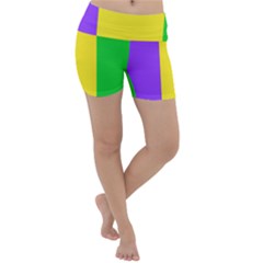 Carnival Mardi Gras Purple Yellow Green Stripes Lightweight Velour Yoga Shorts by yoursparklingshop