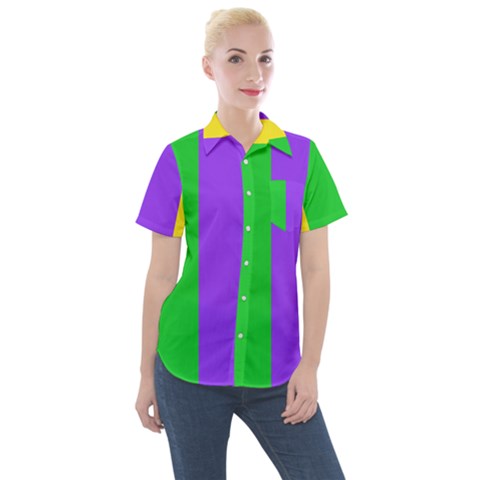 New Orleans Carnival Colors Mardi Gras Women s Short Sleeve Pocket Shirt by yoursparklingshop