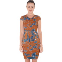 Vivid Grunge Abstract Print Capsleeve Drawstring Dress 