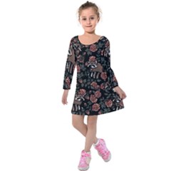 Raccoon Floral Kids  Long Sleeve Velvet Dress by BubbSnugg