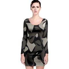 Trippy sepia paint splash, brown, army style camo, dotted abstract pattern Long Sleeve Bodycon Dress