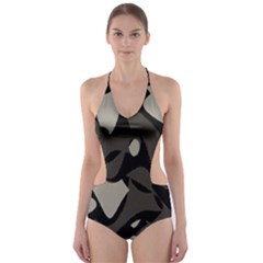 Trippy sepia paint splash, brown, army style camo, dotted abstract pattern Cut-Out One Piece Swimsuit