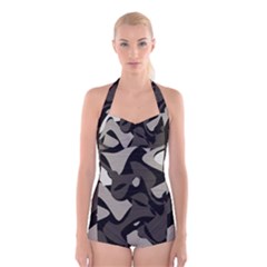 Trippy sepia paint splash, brown, army style camo, dotted abstract pattern Boyleg Halter Swimsuit 