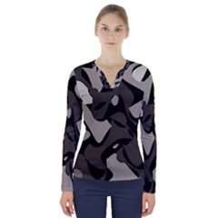 Trippy sepia paint splash, brown, army style camo, dotted abstract pattern V-Neck Long Sleeve Top