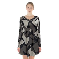 Trippy sepia paint splash, brown, army style camo, dotted abstract pattern Long Sleeve Velvet V-neck Dress