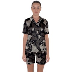 Trippy sepia paint splash, brown, army style camo, dotted abstract pattern Satin Short Sleeve Pyjamas Set