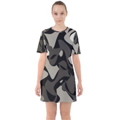 Trippy sepia paint splash, brown, army style camo, dotted abstract pattern Sixties Short Sleeve Mini Dress