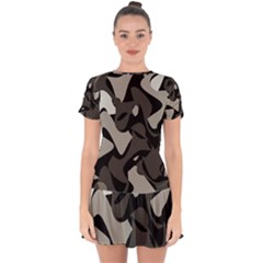 Trippy sepia paint splash, brown, army style camo, dotted abstract pattern Drop Hem Mini Chiffon Dress