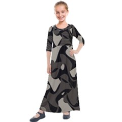 Trippy sepia paint splash, brown, army style camo, dotted abstract pattern Kids  Quarter Sleeve Maxi Dress