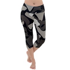 Trippy sepia paint splash, brown, army style camo, dotted abstract pattern Lightweight Velour Capri Yoga Leggings