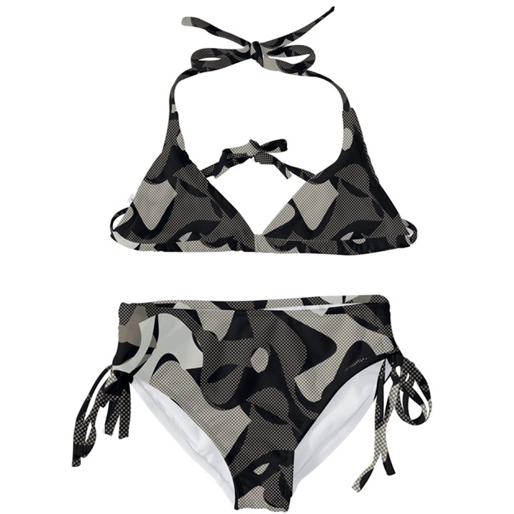 Trippy sepia paint splash, brown, army style camo, dotted abstract pattern Kids  Classic Bikini Set