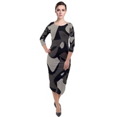 Trippy sepia paint splash, brown, army style camo, dotted abstract pattern Quarter Sleeve Midi Velour Bodycon Dress