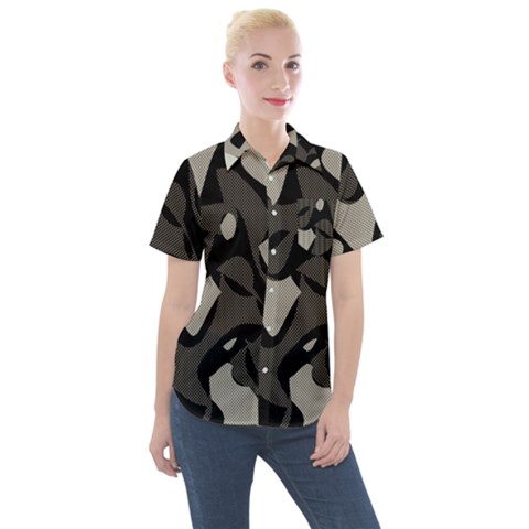 Trippy Sepia Paint Splash, Brown, Army Style Camo, Dotted Abstract Pattern Women s Short Sleeve Pocket Shirt by Casemiro