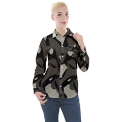 Trippy sepia paint splash, brown, army style camo, dotted abstract pattern Women s Long Sleeve Pocket Shirt