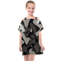 Trippy sepia paint splash, brown, army style camo, dotted abstract pattern Kids  One Piece Chiffon Dress