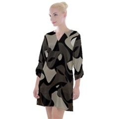 Trippy sepia paint splash, brown, army style camo, dotted abstract pattern Open Neck Shift Dress