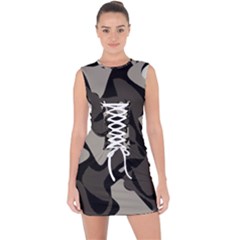 Trippy sepia paint splash, brown, army style camo, dotted abstract pattern Lace Up Front Bodycon Dress