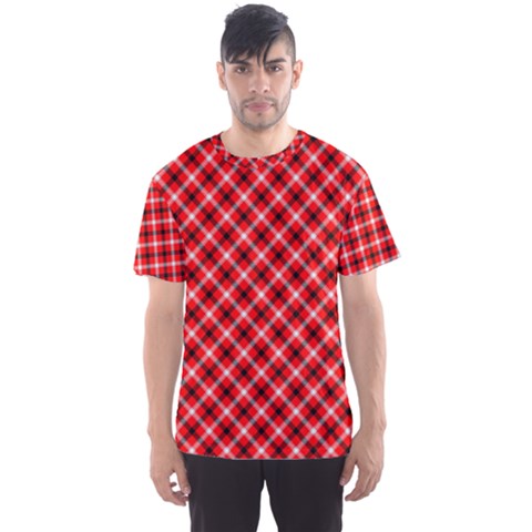 Three Color Tartan, Red Grey, Black Buffalo Plaid Theme Men s Sport Mesh Tee by Casemiro