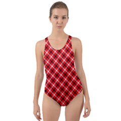 Three Color Tartan, Red Grey, Black Buffalo Plaid Theme Cut-out Back One Piece Swimsuit by Casemiro