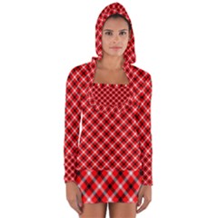 Three Color Tartan, Red Grey, Black Buffalo Plaid Theme Long Sleeve Hooded T-shirt by Casemiro